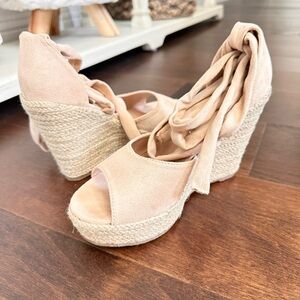 Faux Suede Lace Up Espadrille Wedge Heel Sandals